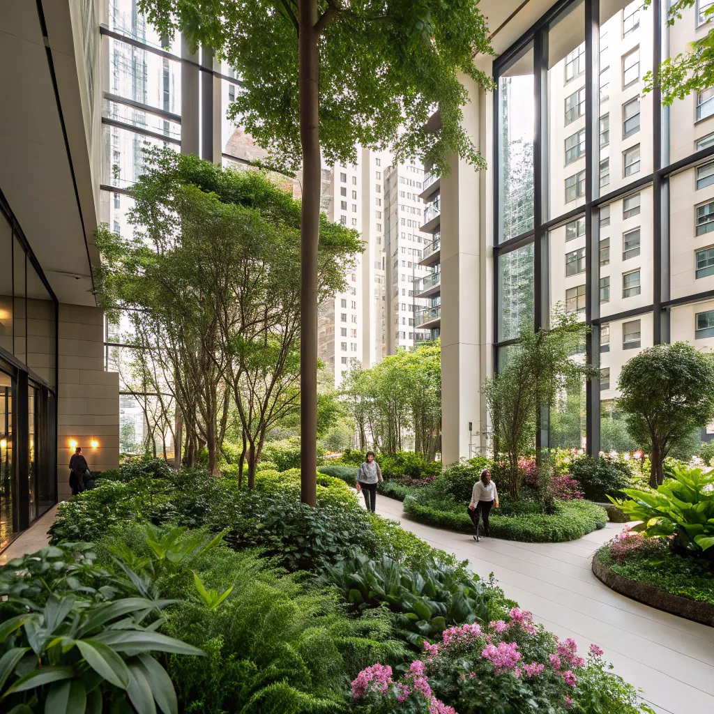 Lush greenery in apartment atrium enhancing urban living experience.