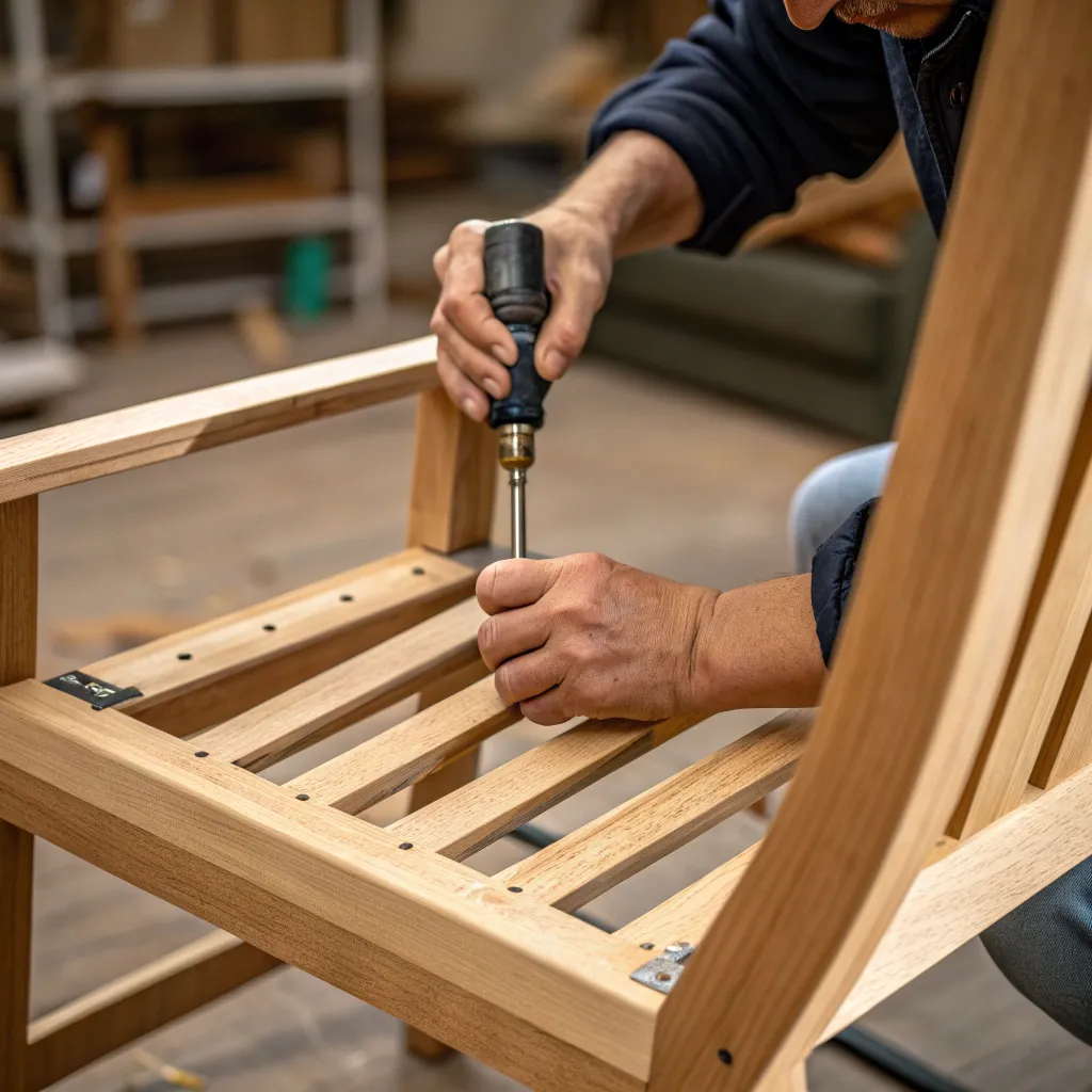 Hands assembling a wooden chair