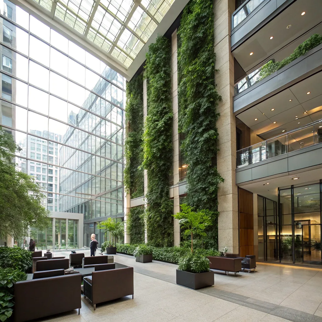 Elegant office atrium with vertical gardens and potted plants enhancing corporate image.